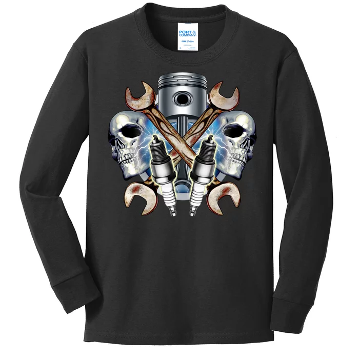 Mechanic Skulls With Wrench & Spark Plugs Kids Long Sleeve Shirt