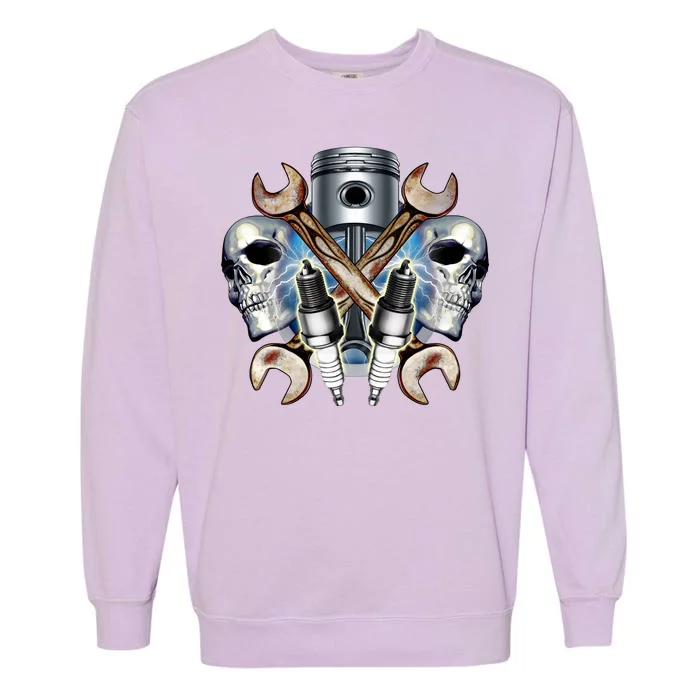 Mechanic Skulls With Wrench & Spark Plugs Garment-Dyed Sweatshirt