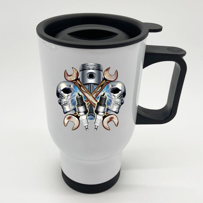 Mechanic Skulls With Wrench & Spark Plugs Front & Back Stainless Steel Travel Mug