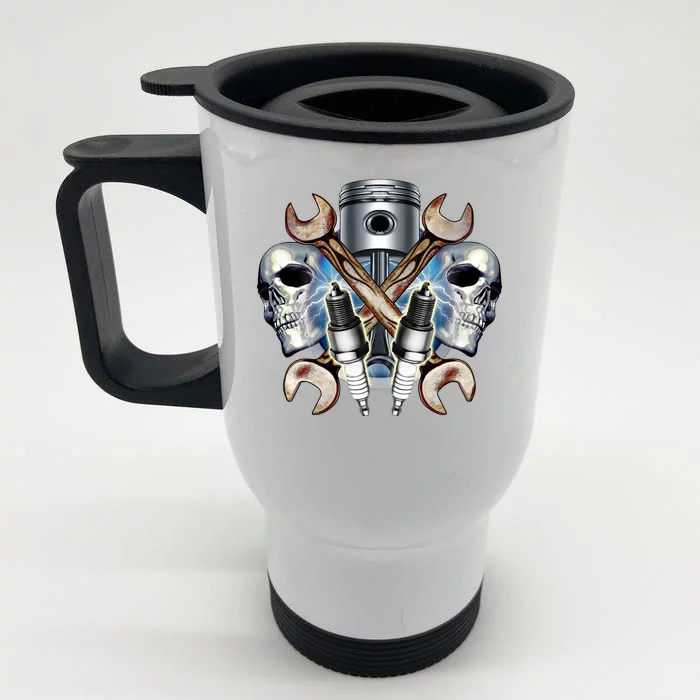 Mechanic Skulls With Wrench & Spark Plugs Front & Back Stainless Steel Travel Mug