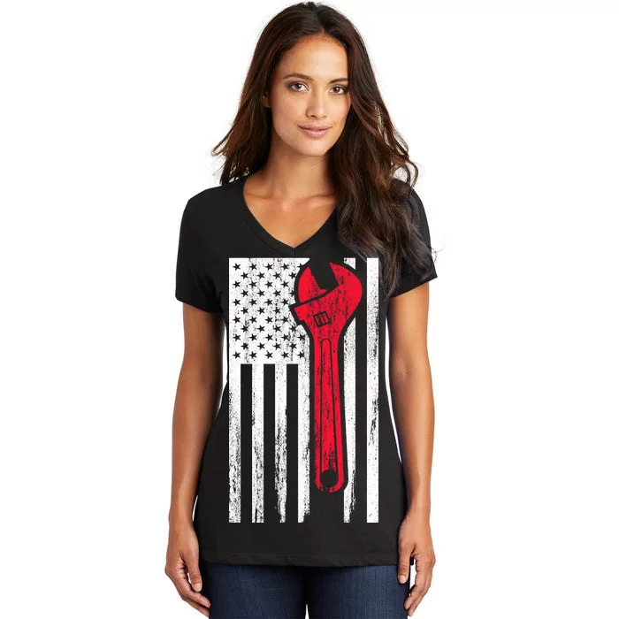 Mechanic USA American Flag Women's V-Neck T-Shirt