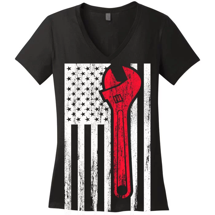 Mechanic USA American Flag Women's V-Neck T-Shirt