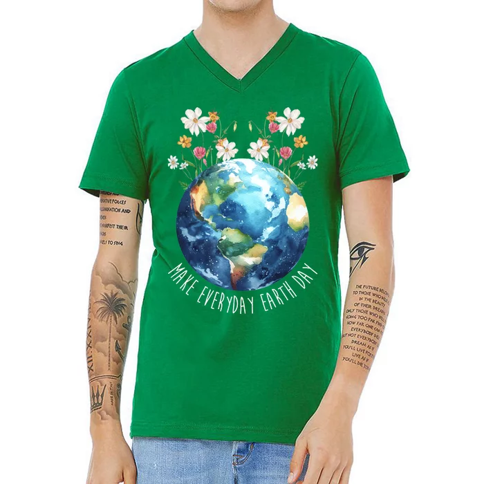 Make Everyday Earth Day Floral Globe Awareness V-Neck T-Shirt