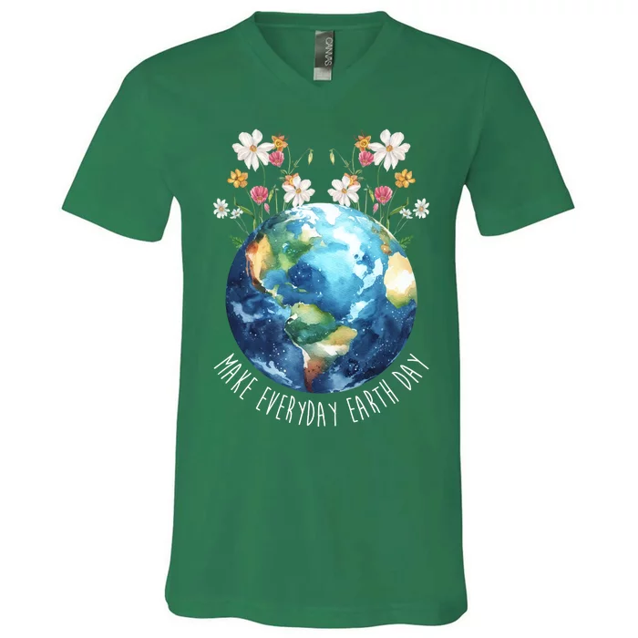 Make Everyday Earth Day Floral Globe Awareness V-Neck T-Shirt