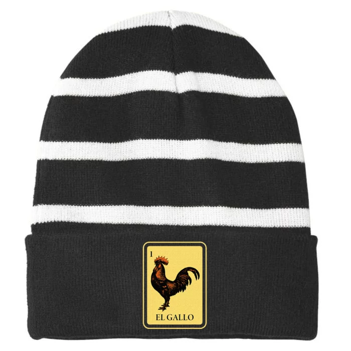 Mexican El Gallo Bingo Card Game Traditional Rooster Striped Beanie with Solid Band