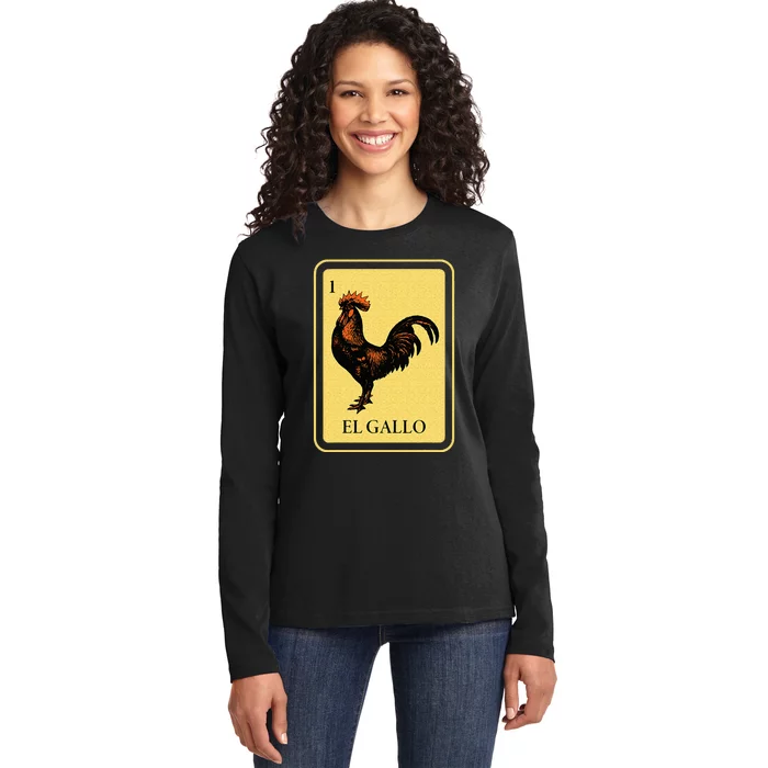 Mexican El Gallo Bingo Card Game Traditional Rooster Ladies Long Sleeve Shirt