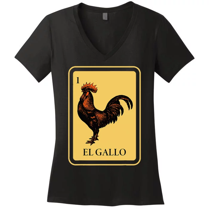 Mexican El Gallo Bingo Card Game Traditional Rooster Women's V-Neck T-Shirt