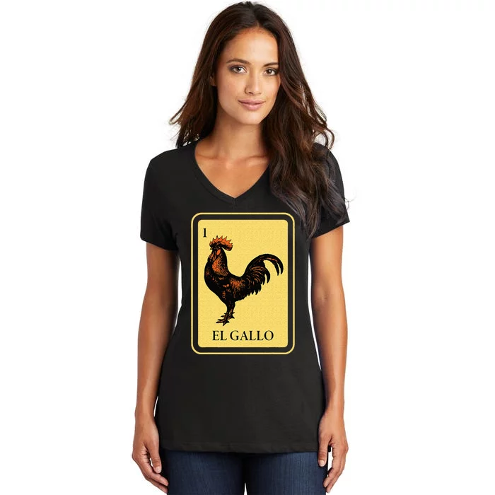 Mexican El Gallo Bingo Card Game Traditional Rooster Women's V-Neck T-Shirt