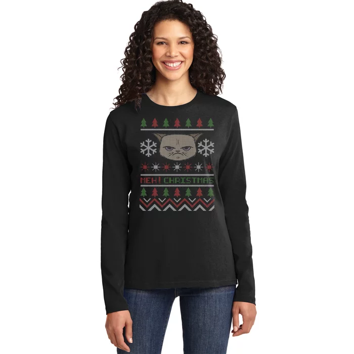 MEH! Christmas Cat Ugly Sweater Ladies Long Sleeve Shirt