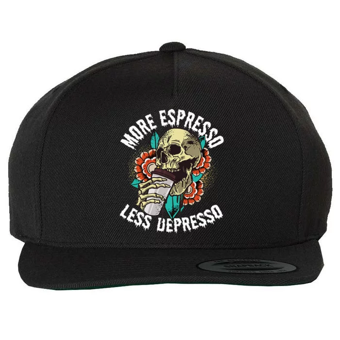 More Espresso Less Depresso Skull Coffee Lover Energy Drink Wool Snapback Cap