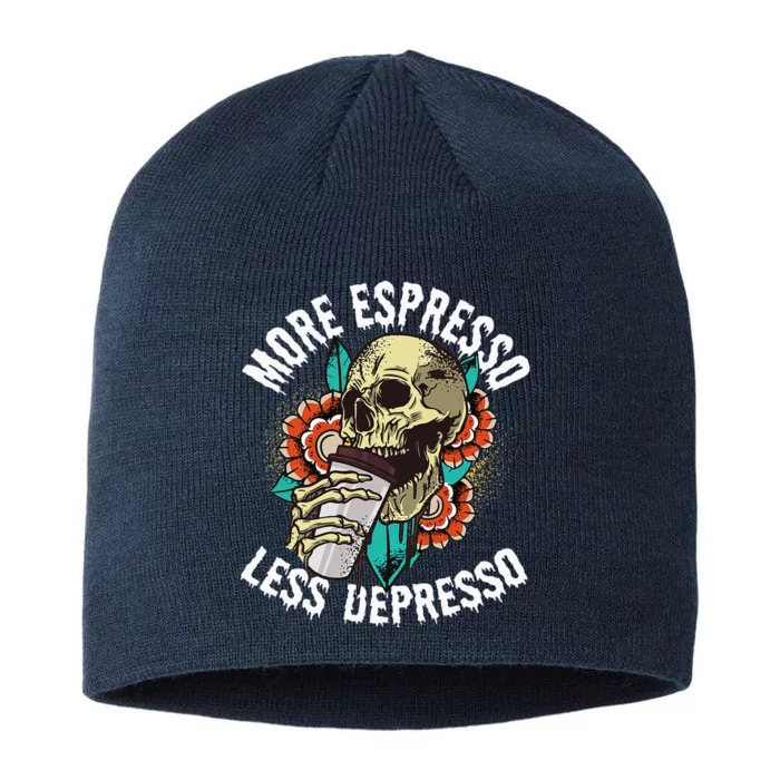 More Espresso Less Depresso Skull Coffee Lover Energy Drink 8 1/2in Sustainable Knit Beanie