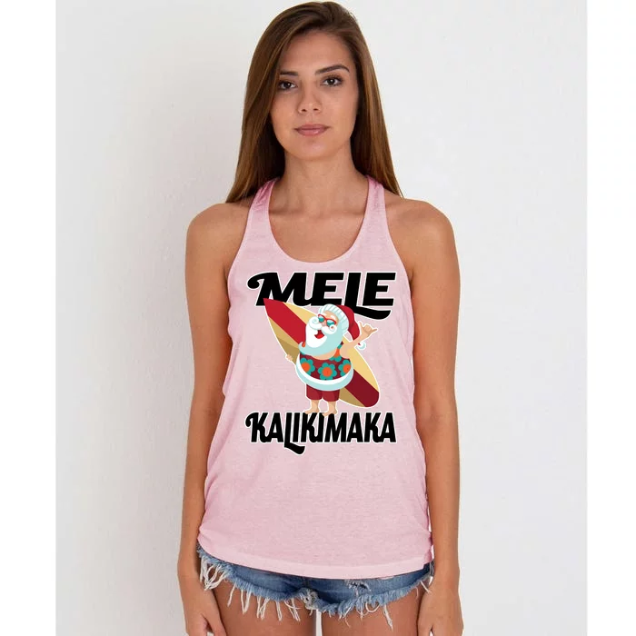 Mele Kalikimaka Surfing Santa Christmas Women's Knotted Racerback Tank