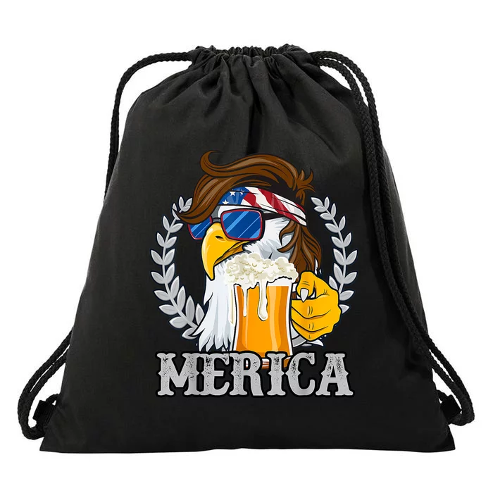 Merica Eagle Mullet Beer USA American Flag Funny 4th Of July Drawstring Bag