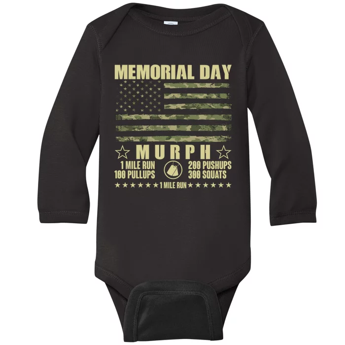 Memorial Day Murph Workout Camo USA American Flag Baby Long Sleeve Bodysuit