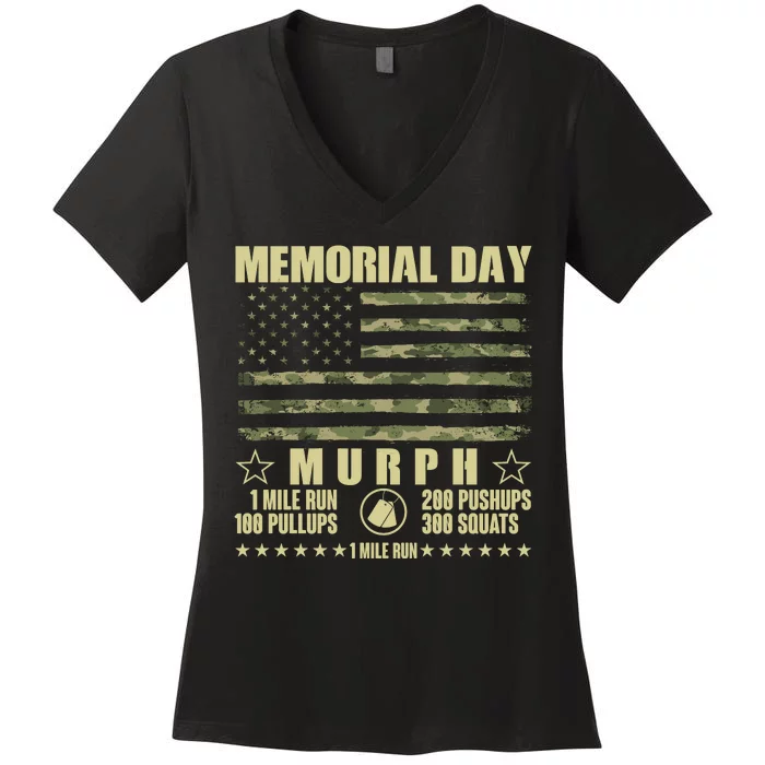 Memorial Day Murph Workout Camo USA American Flag Women's V-Neck T-Shirt