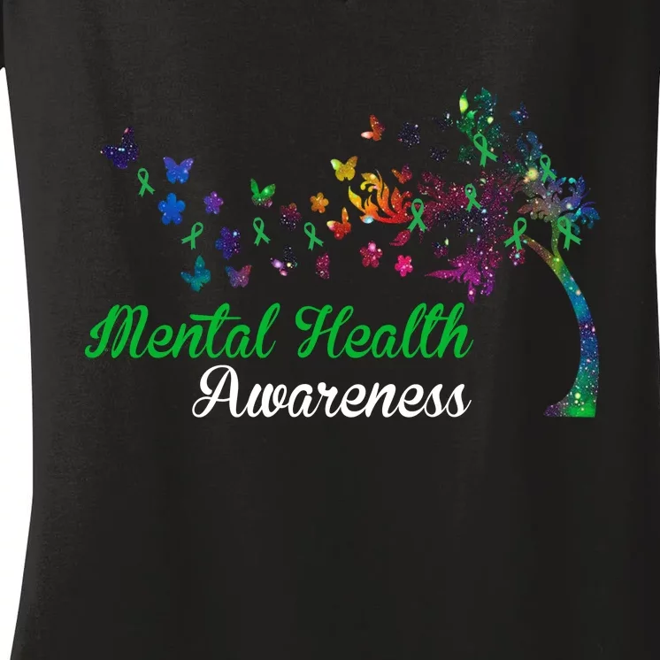 Mental Health Awareness Butterfly Tree Women's V-Neck T-Shirt