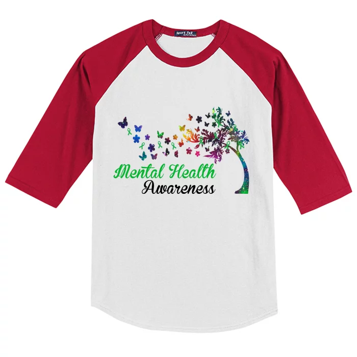 Mental Health Awareness Butterfly Tree Kids Colorblock Raglan Jersey