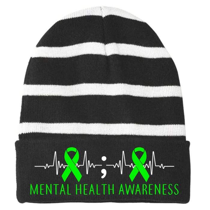 Mental Health Awareness Pulse Ribbon Striped Beanie with Solid Band