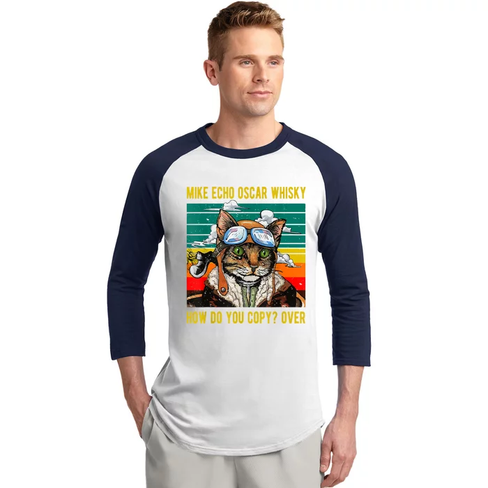 Mike Echo Oscar Whisky Cat Funny CatS Pun Pilot Vintage Baseball Sleeve Shirt