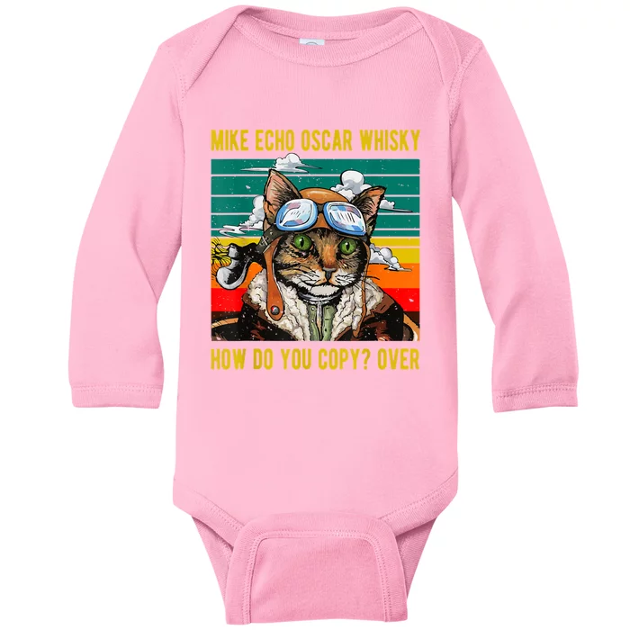 Mike Echo Oscar Whisky Cat Funny CatS Pun Pilot Vintage Baby Long Sleeve Bodysuit