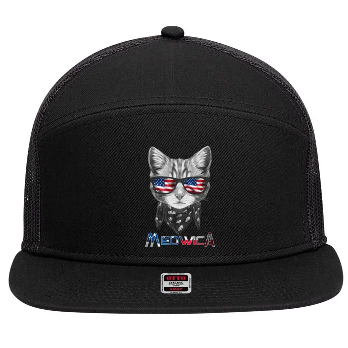 Meowica Rock Cat Funny 4th of July USA Freedom 7 Panel Mesh Trucker Snapback Hat