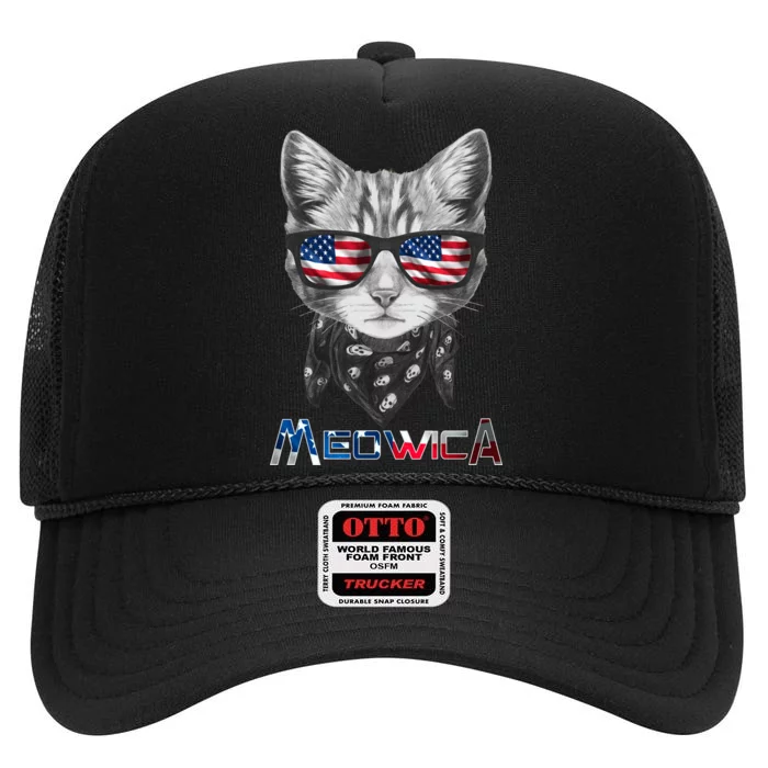 Meowica Rock Cat Funny 4th of July USA Freedom High Crown Mesh Trucker Hat