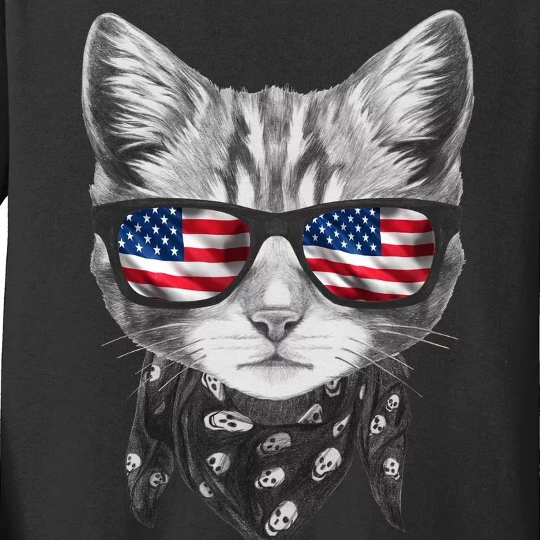 Meowica Rock Cat Funny 4th of July USA Freedom Kids Long Sleeve Shirt