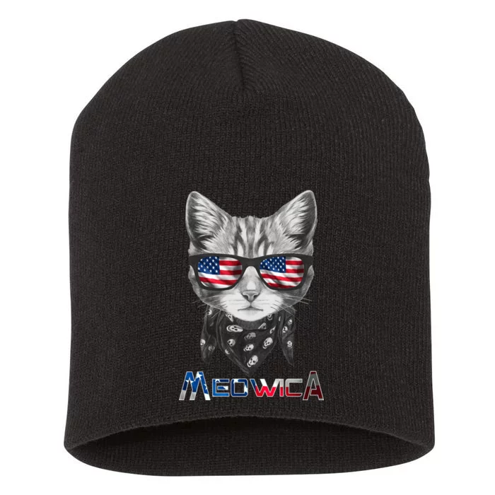 Meowica Rock Cat Funny 4th of July USA Freedom Short Acrylic Beanie