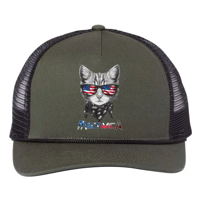 Meowica Rock Cat Funny 4th of July USA Freedom Retro Rope Trucker Hat Cap