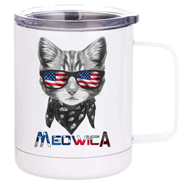 Meowica Rock Cat Funny 4th of July USA Freedom Front & Back 12oz Stainless Steel Tumbler Cup