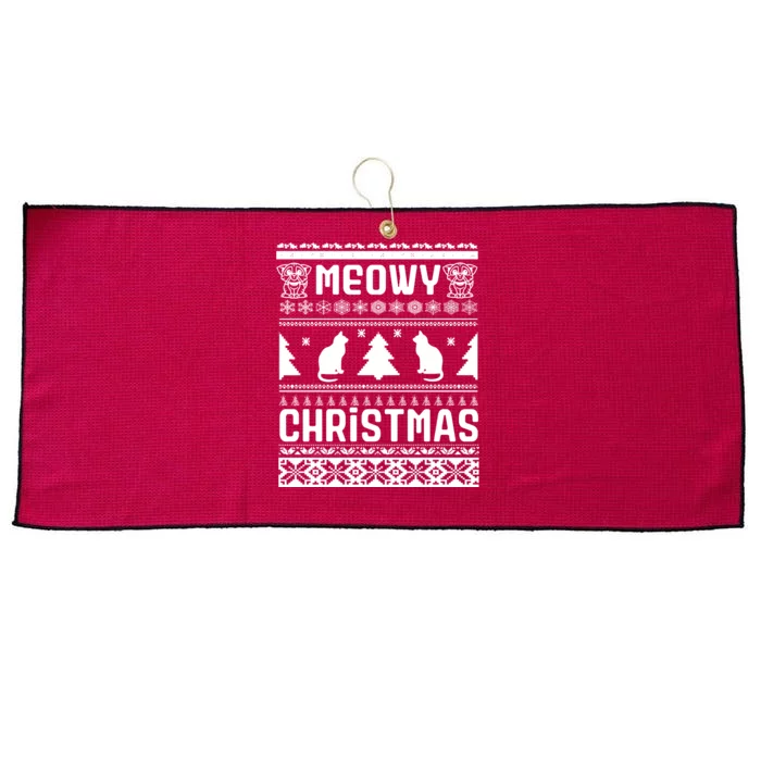 Meowy Cat Ugly Christmas Sweater Large Microfiber Waffle Golf Towel