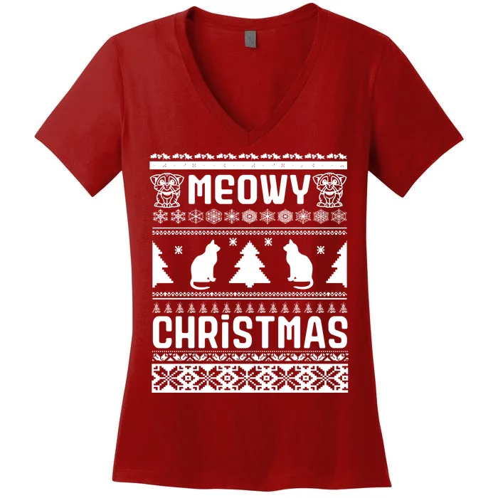 Meowy Cat Ugly Christmas Sweater Women's V-Neck T-Shirt