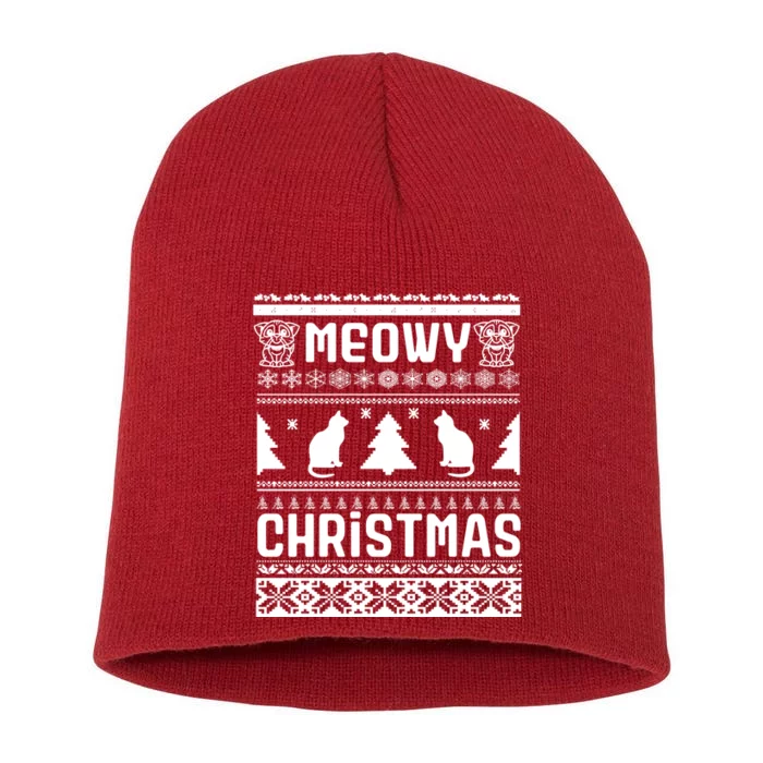 Meowy Cat Ugly Christmas Sweater Short Acrylic Beanie