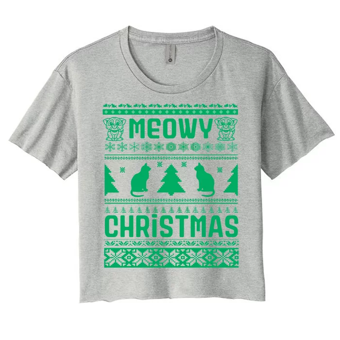 Meowy Cat Ugly Christmas Sweater Women's Crop Top Tee