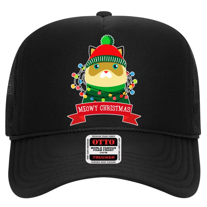 Meowy Christmas Cat Lights High Crown Mesh Trucker Hat