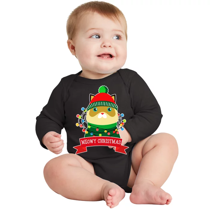 Meowy Christmas Cat Lights Baby Long Sleeve Bodysuit