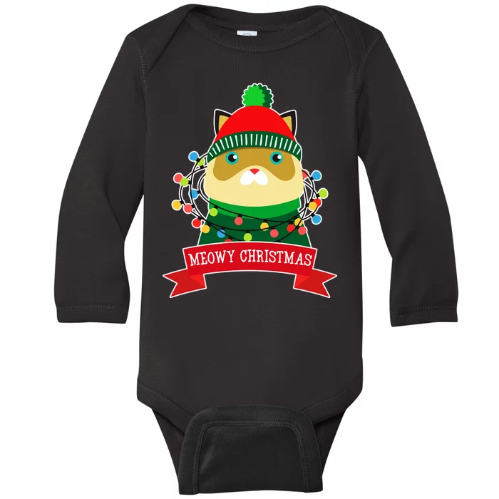 Meowy Christmas Cat Lights Baby Long Sleeve Bodysuit