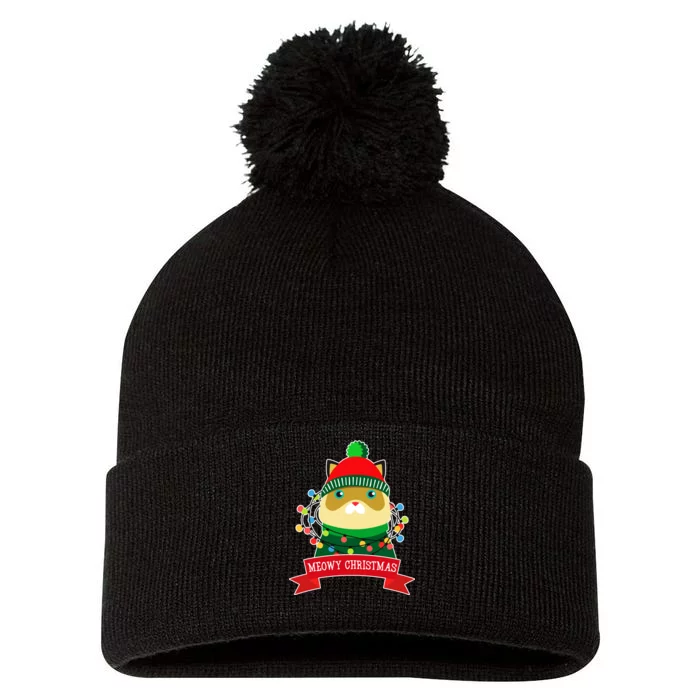 Meowy Christmas Cat Lights Pom Pom 12in Knit Beanie