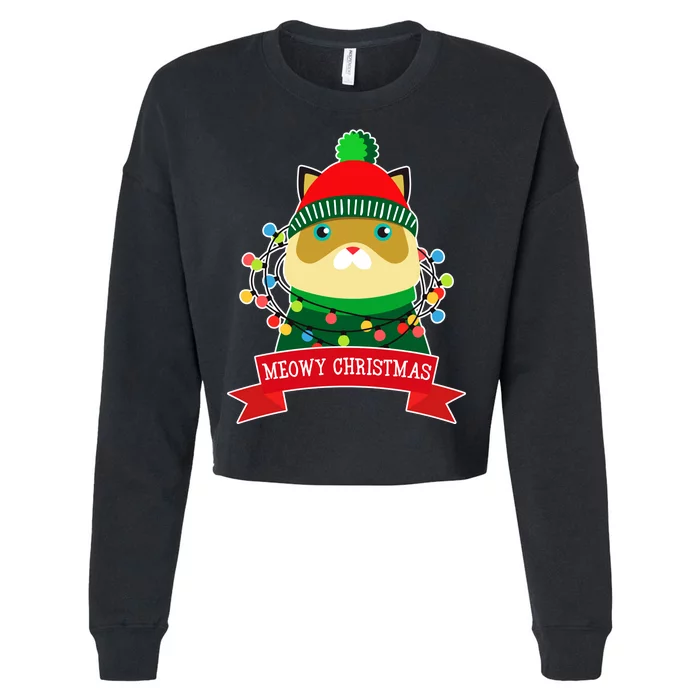 Meowy Christmas Cat Lights Cropped Pullover Crew