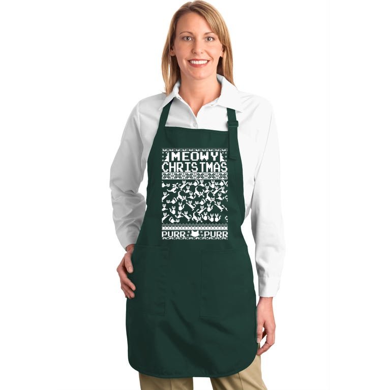 Meowy Christmas Cat Ugly Christmas Sweater Full-Length Apron With Pockets