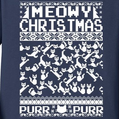 Meowy Christmas Cat Ugly Christmas Sweater Kids Long Sleeve Shirt