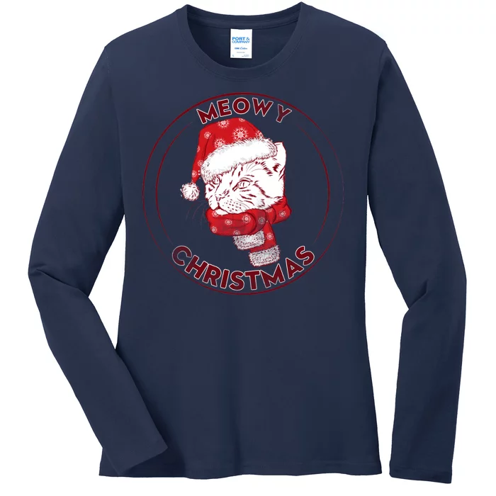 Meowy Christmas Emblem Ladies Long Sleeve Shirt