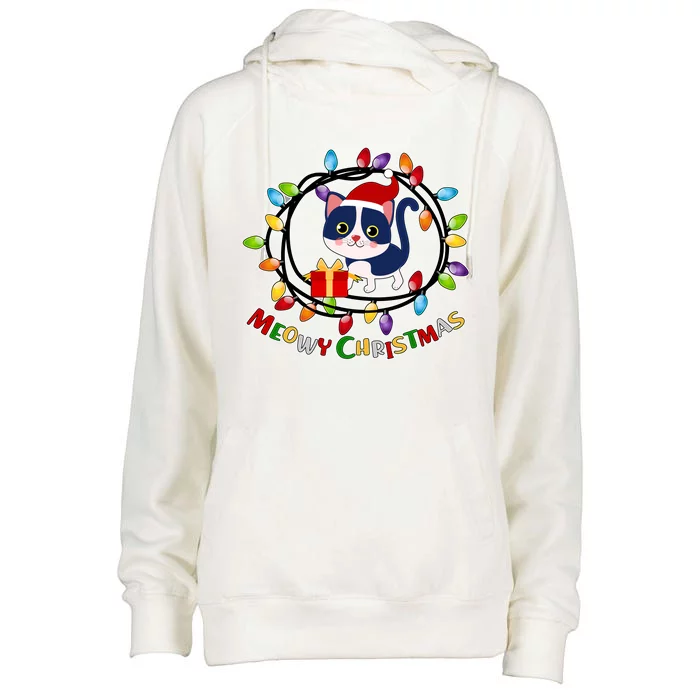 Meowy Christmas Kitty Womens Funnel Neck Pullover Hood