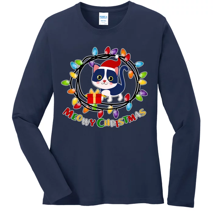 Meowy Christmas Kitty Ladies Long Sleeve Shirt