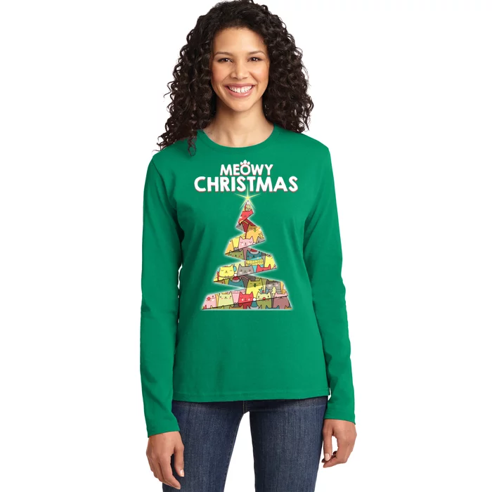 Meowy Christmas Tree For Cat Lovers Ladies Long Sleeve Shirt