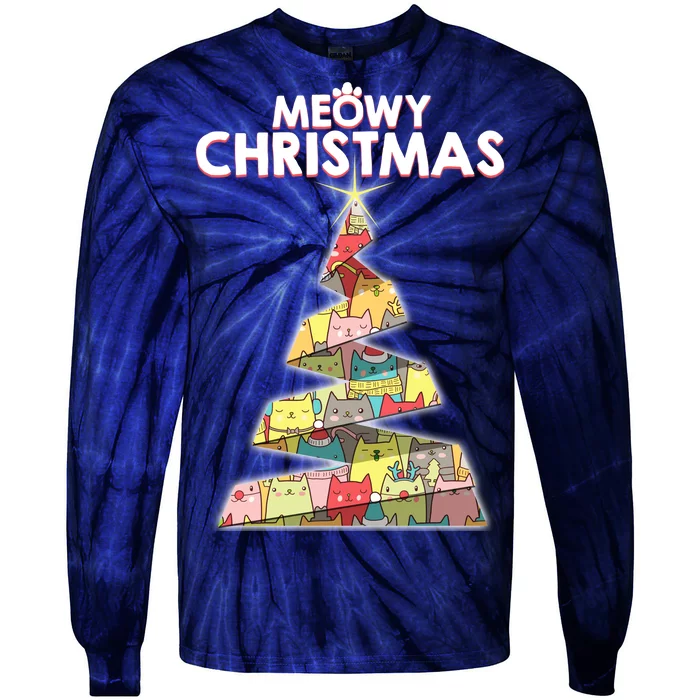 Meowy Christmas Tree For Cat Lovers Tie-Dye Long Sleeve Shirt