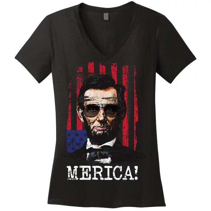 Merica Abe Lincoln Women's V-Neck T-Shirt