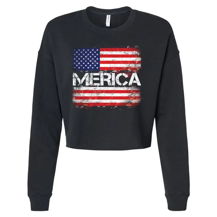 Merica Distressed Flag Cropped Pullover Crew