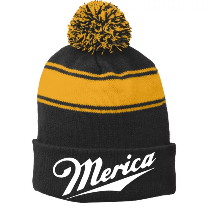 Merica Simple Logo Stripe Pom Pom Beanie