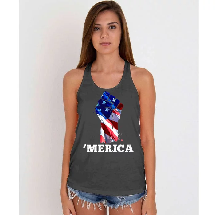 Merica USA American Flag Fist Women's Knotted Racerback Tank